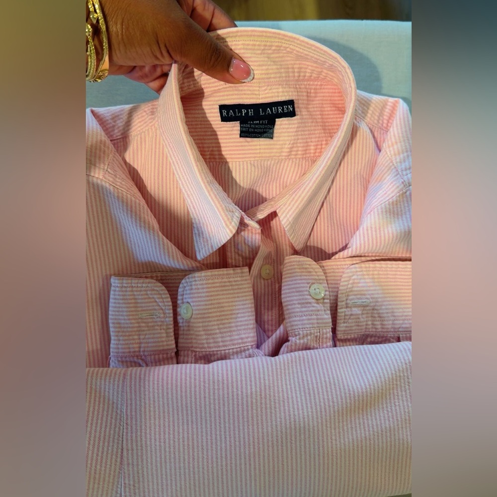 Ralph Lauren Women’s Pink/White Striped Oxford Slim Fit Button Down Shirt - Sz 0 - Picture 4 of 5